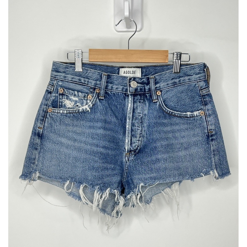 Agolde Parker Jeans Shorts Women 24 Blue Distressed Cut Off Hem Button Denim EUC